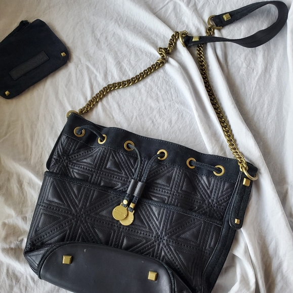 Rachel Roy & Jessica Stam Navy Leather Bucket Bag with Bronze-Gold - Picture 3 of 11